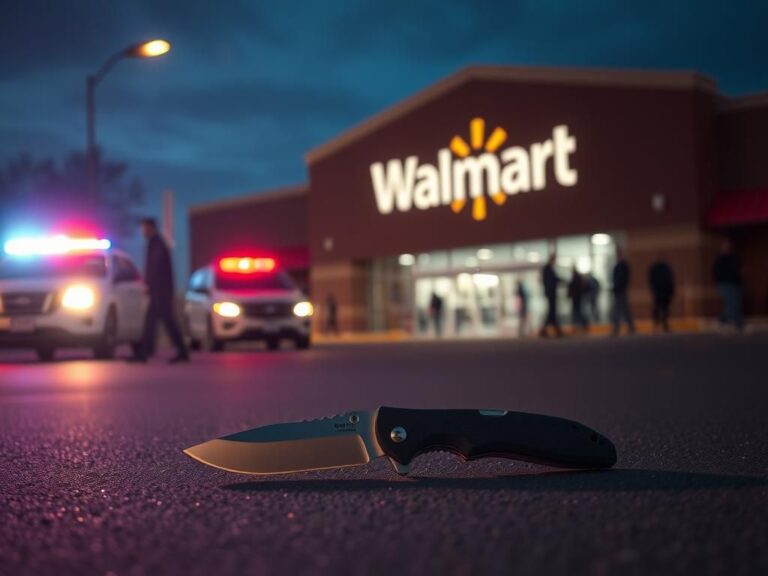 Flick International A fallen folding knife on the ground in a Walmart parking lot, surrounded by emergency lights.