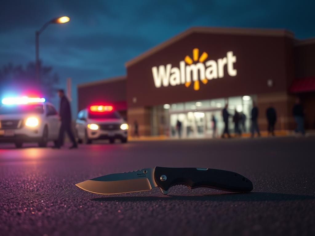 Flick International A fallen folding knife on the ground in a Walmart parking lot, surrounded by emergency lights.