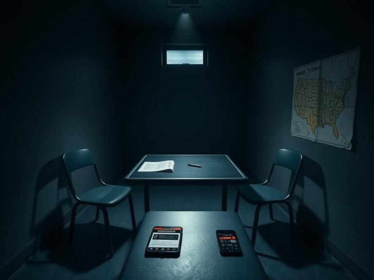Flick International Dimly lit police interrogation room with a metal table and empty chairs