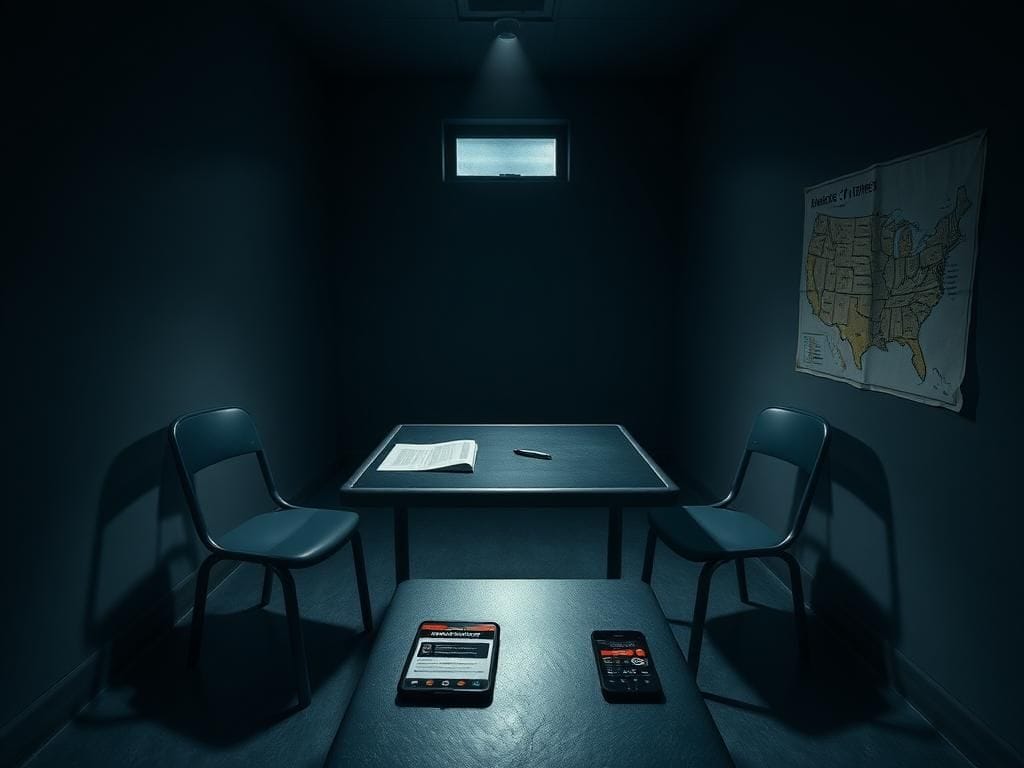Flick International Dimly lit police interrogation room with a metal table and empty chairs