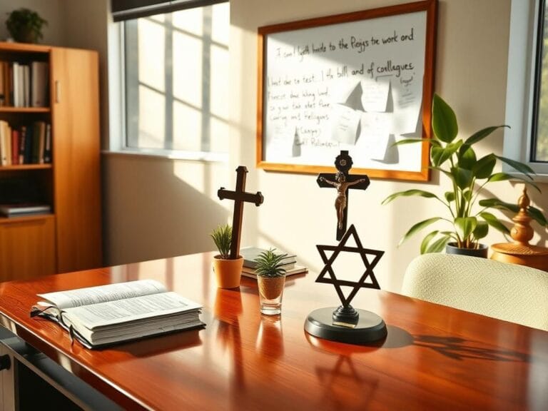 Flick International A serene workspace showcasing diverse religious symbols including a Bible, crucifix, and mezuzah.