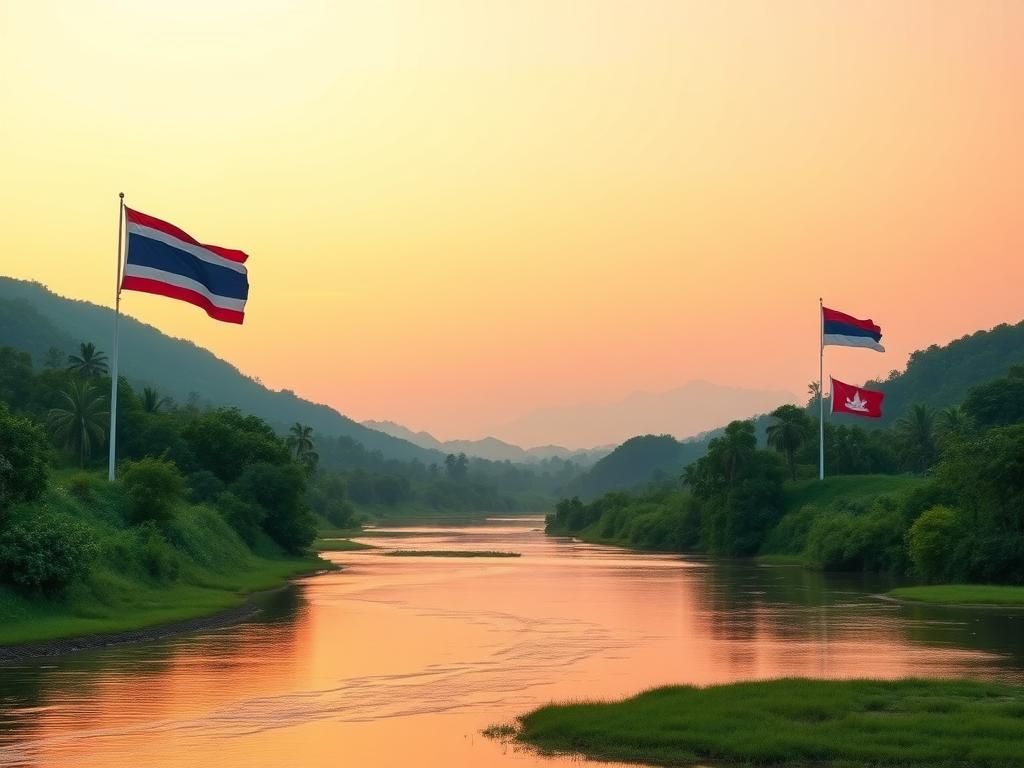 Flick International Serene landscape between Thailand and Cambodia with traditional flags symbolizing peace