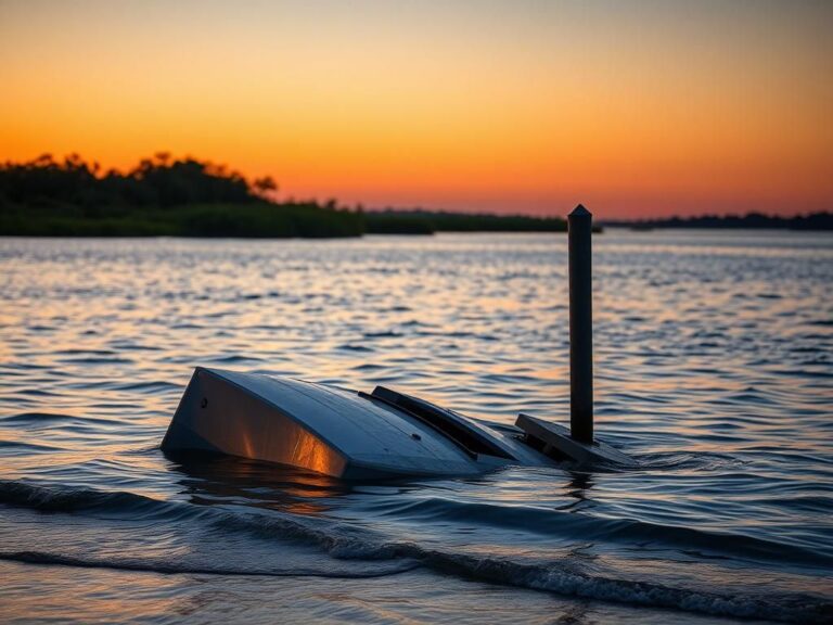Flick International Overturned boat partially submerged in the Intracoastal Waterway at Hilton Head Island