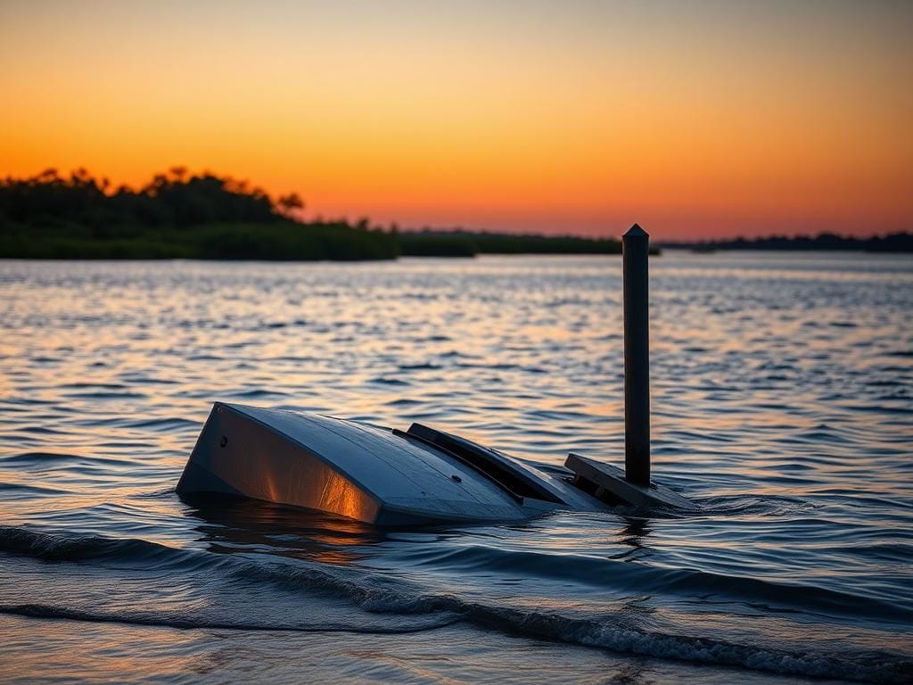Flick International Overturned boat partially submerged in the Intracoastal Waterway at Hilton Head Island
