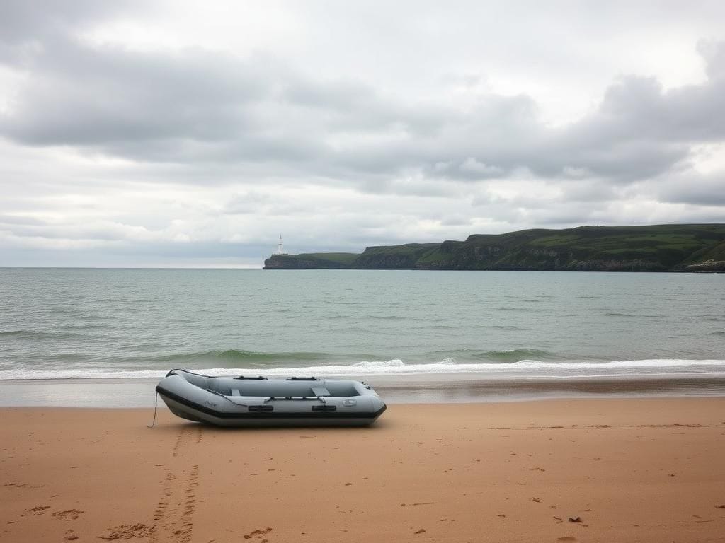 Flick International Empty inflatable boat on the sandy beach of the English Channel, symbolizing the migrant crisis.