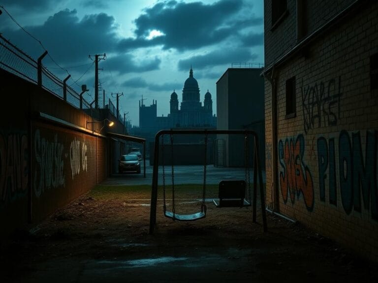 Flick International Empty playground in a dimly lit Houston alley signifying lost childhood innocence