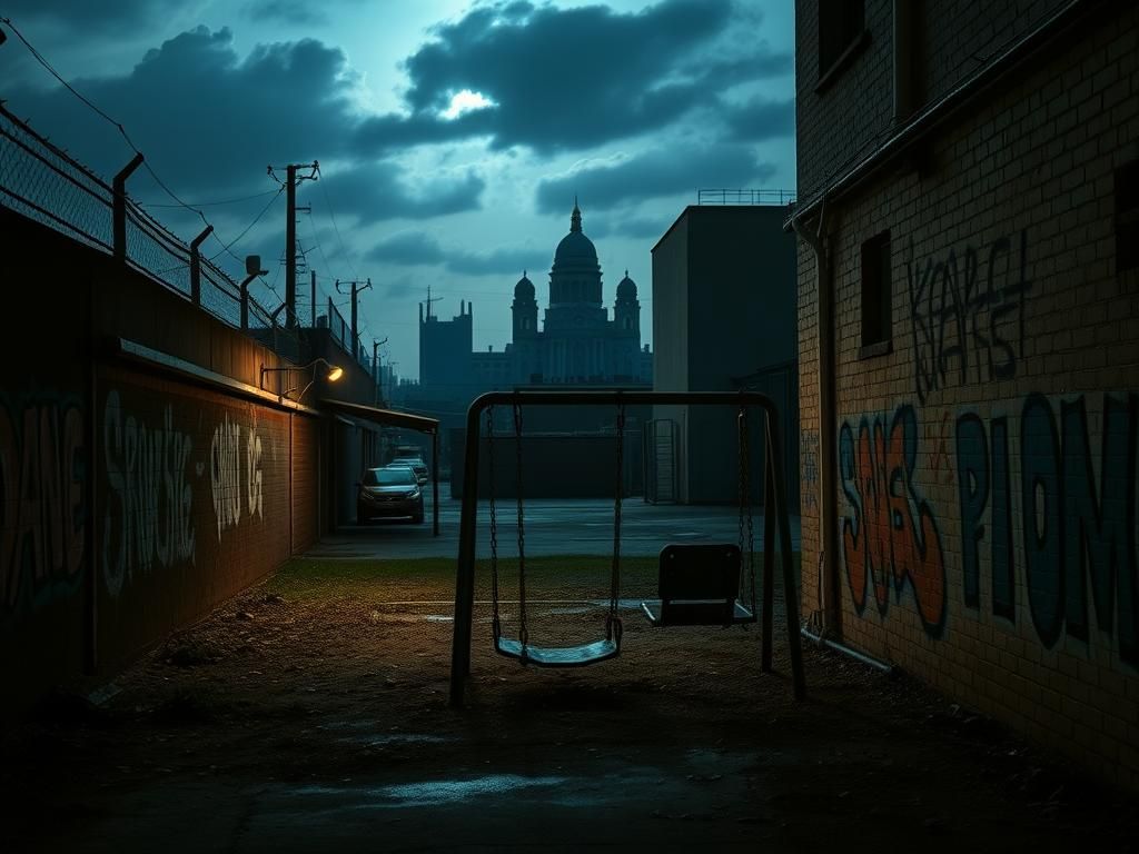 Flick International Empty playground in a dimly lit Houston alley signifying lost childhood innocence