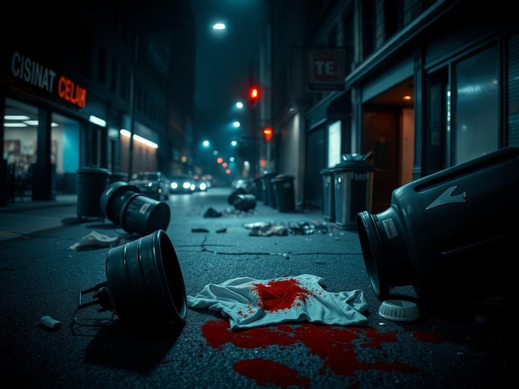 Flick International Dimly lit urban street scene in downtown Cincinnati showing aftermath of a violent street brawl with overturned trash cans and debris.