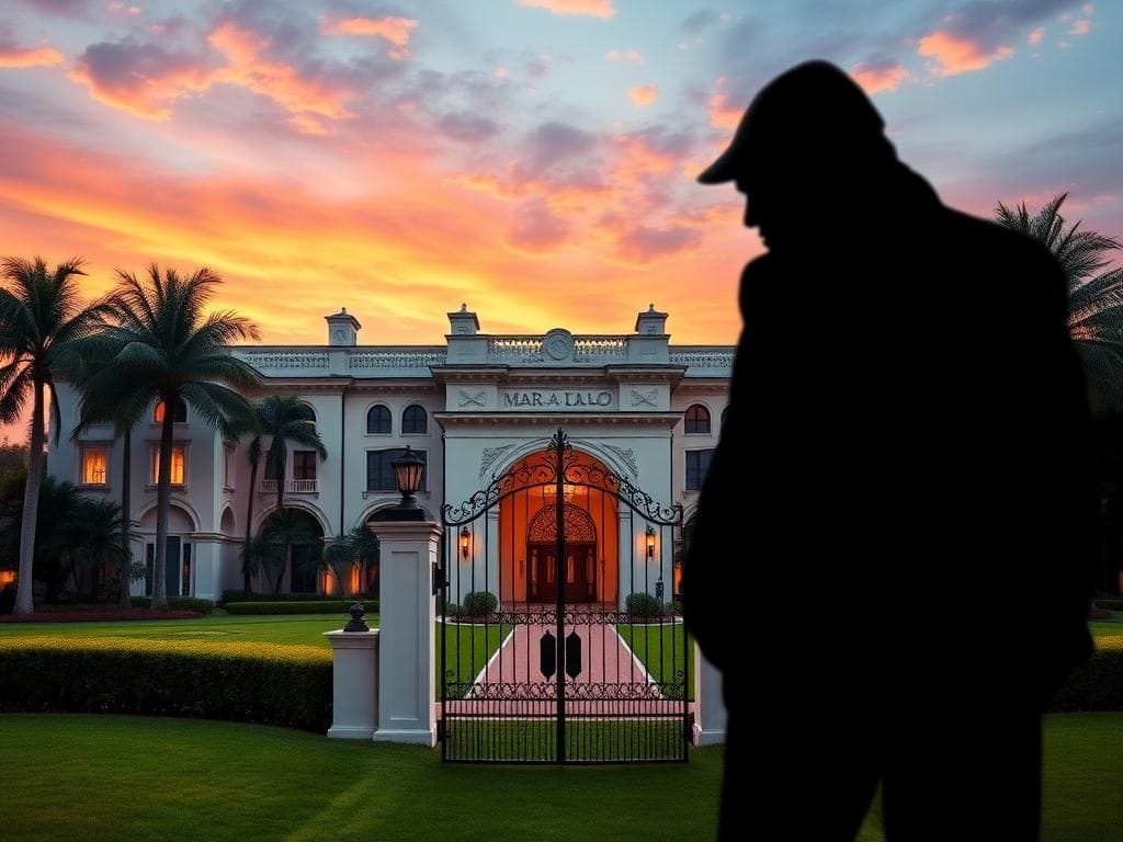Flick International Luxurious exterior view of Mar-a-Lago with distinctive architecture and sunset sky