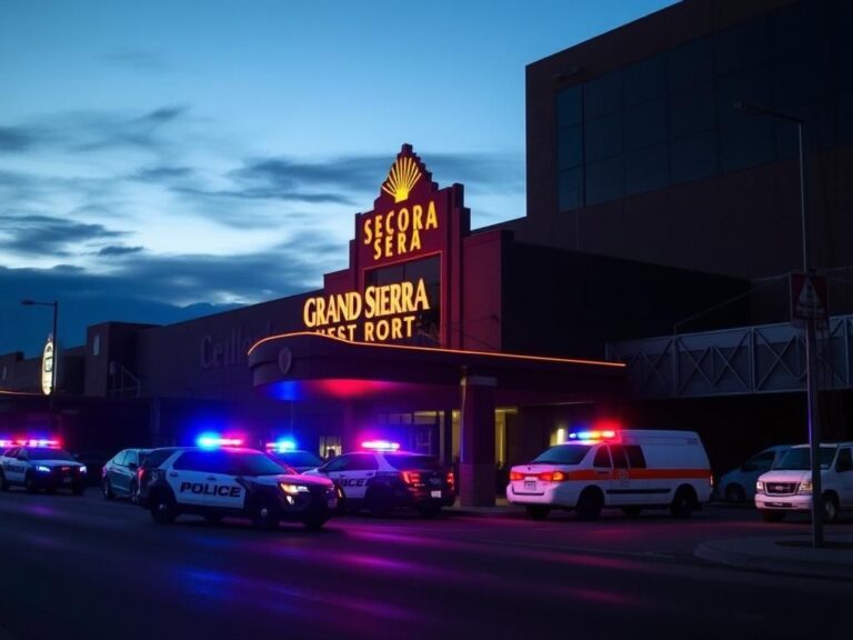 Flick International Dramatic exterior view of the Grand Sierra Resort in Reno, Nevada, showing police vehicles and emergency services responding to a shooting incident.