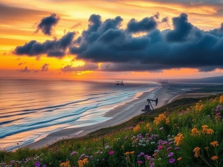 Flick International Coastal landscape of the Santa Ynez Unit with oil rigs at sunset