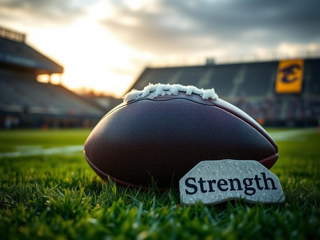 Flick International A close-up of a football on a dewy grassy field with a kidney-shaped stone engraved 'Strength' beside it