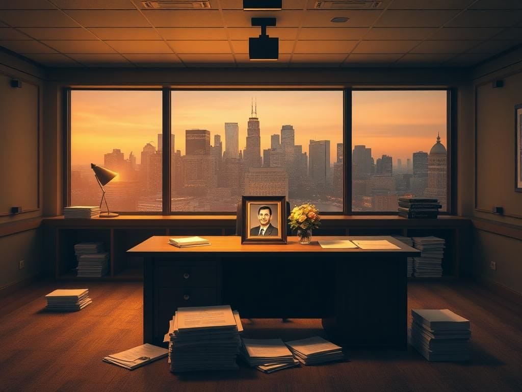 Flick International A serene newsroom memorial scene with a desk and a framed photo of Robert Shaffer