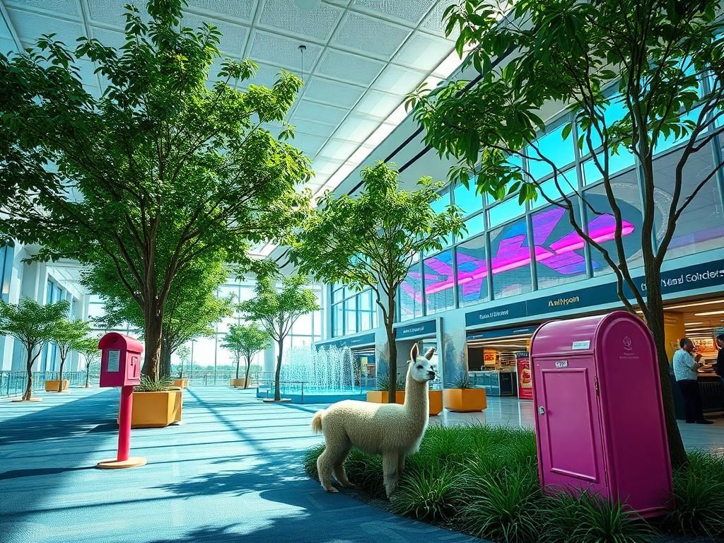 Flick International A serene airport interior with therapy llamas and vibrant artwork