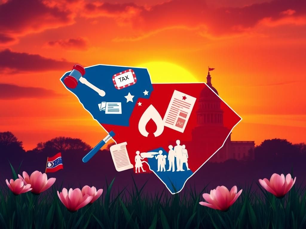 Flick International A vibrant political map of South Carolina featuring symbols for law, economy, and cultural issues.