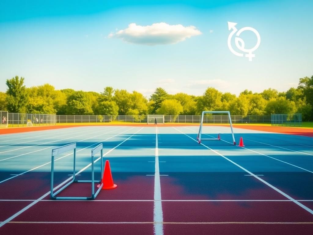 Flick International A serene outdoor scene of a high school athletic track and field venue with colorful track equipment