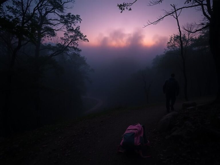 Flick International A serene landscape of Devil's Den State Park at twilight, featuring shadowy trees and a winding trail.