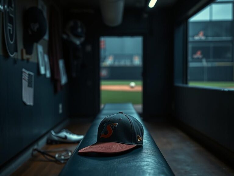 Flick International A dimly lit baseball dugout with a baseball cap and glove resting on a seat