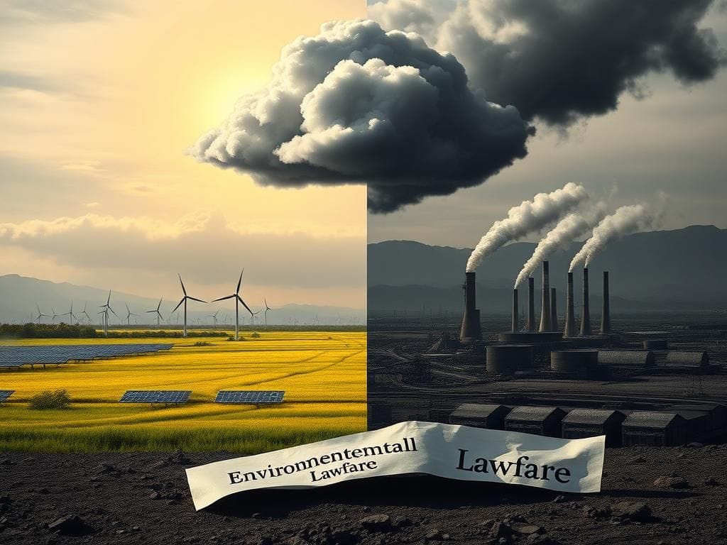 Flick International A dramatic landscape contrasting renewable energy sources and industrial pollution with a looming cloud resembling the Chinese flag.