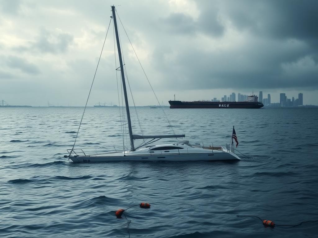 Flick International Partially submerged sailboat in Biscayne Bay after collision with a barge