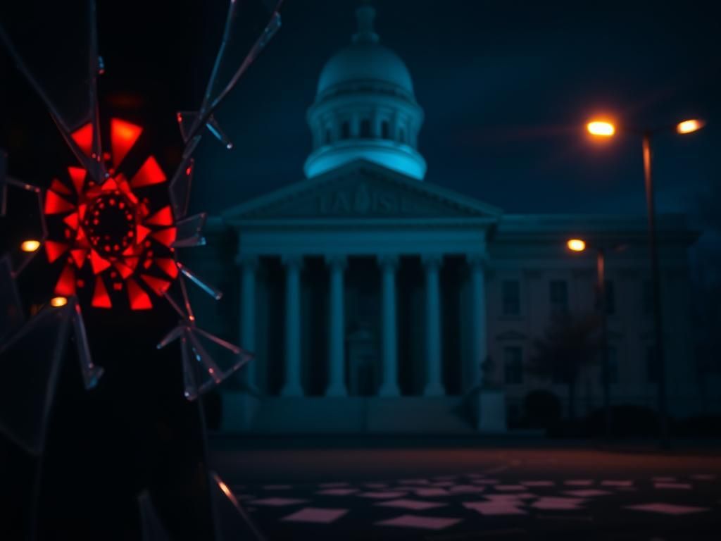 Flick International Dark, abstract representation of a government building at night with a shattered glass window reflecting chaotic red and blue light.