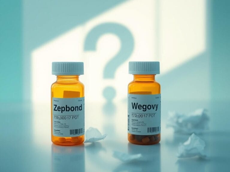 Flick International Two prescription bottles, one labeled 'Zepbound' and the other 'Wegovy', side by side with a question mark shadow looming in the background