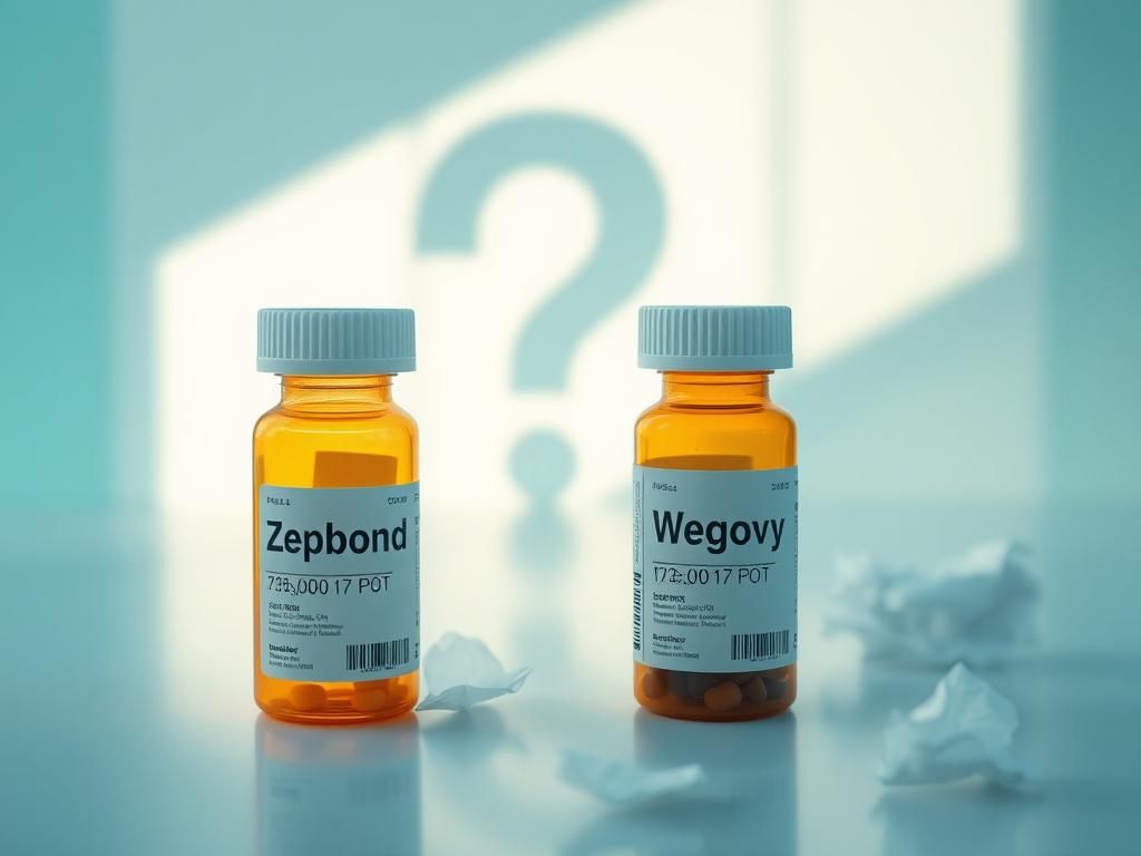 Flick International Two prescription bottles, one labeled 'Zepbound' and the other 'Wegovy', side by side with a question mark shadow looming in the background