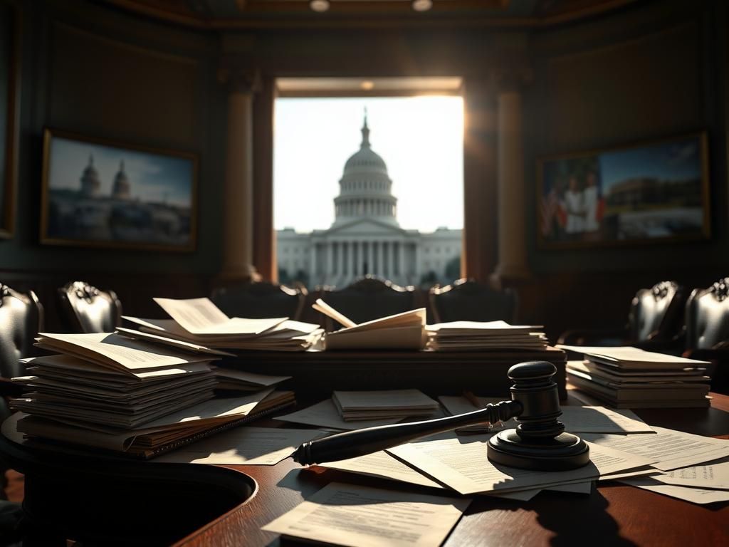 Flick International A large ornate desk overflowing with official documents and nomination papers in a dimly lit room