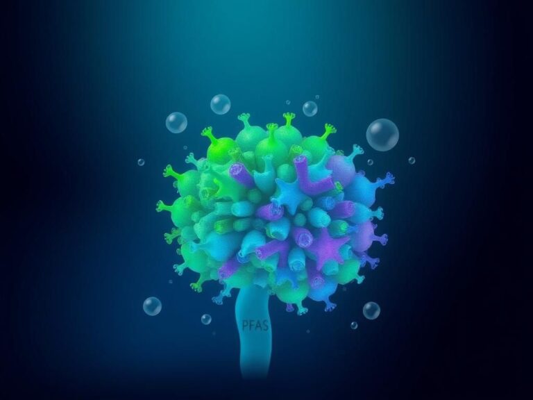 Flick International Abstract representation of gut microbiome activity with colorful bacterial clusters interacting with toxic substances.