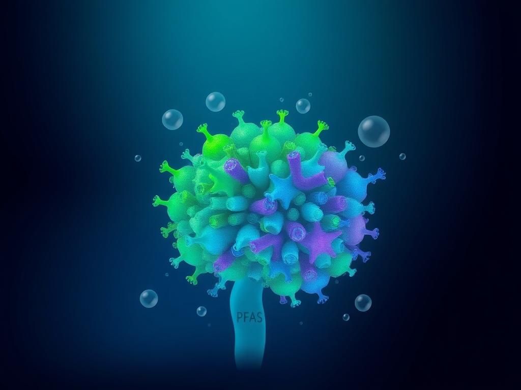 Flick International Abstract representation of gut microbiome activity with colorful bacterial clusters interacting with toxic substances.