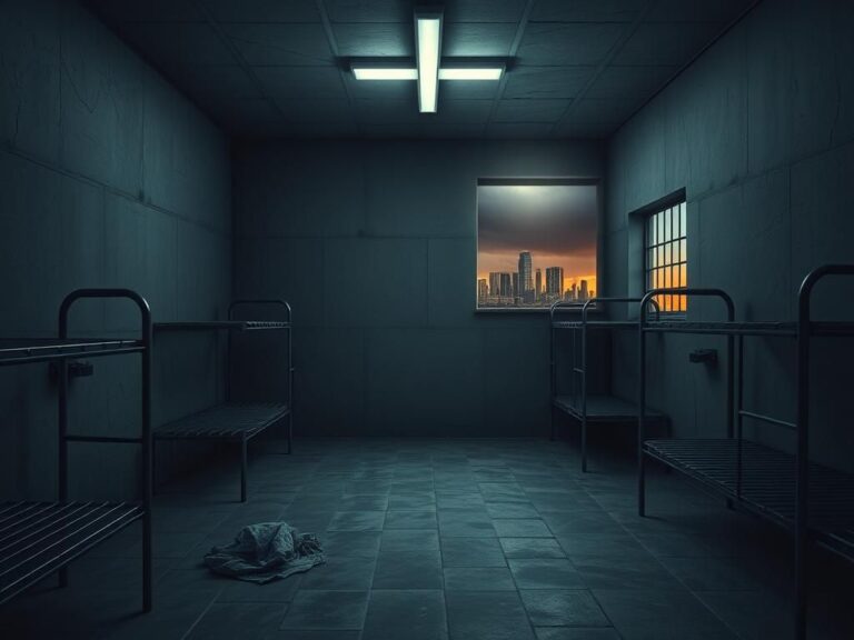 Flick International Empty and dimly lit holding facility evoking confinement and despair