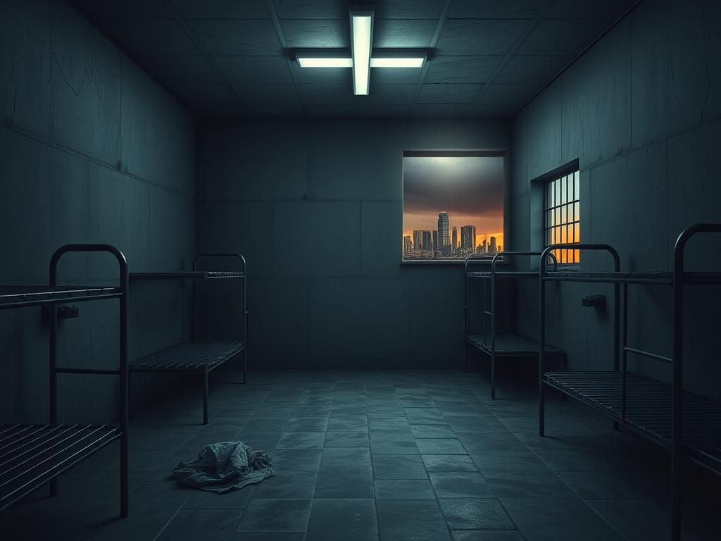 Flick International Empty and dimly lit holding facility evoking confinement and despair