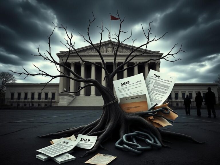 Flick International Gnarled tree tangled in paperwork at imposing government building symbolizing authority and control