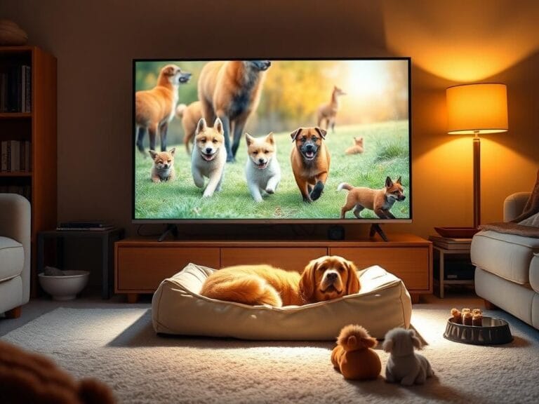 Flick International Cozy living room scene with a dog bed and high-definition TV showing vibrant images of dogs.