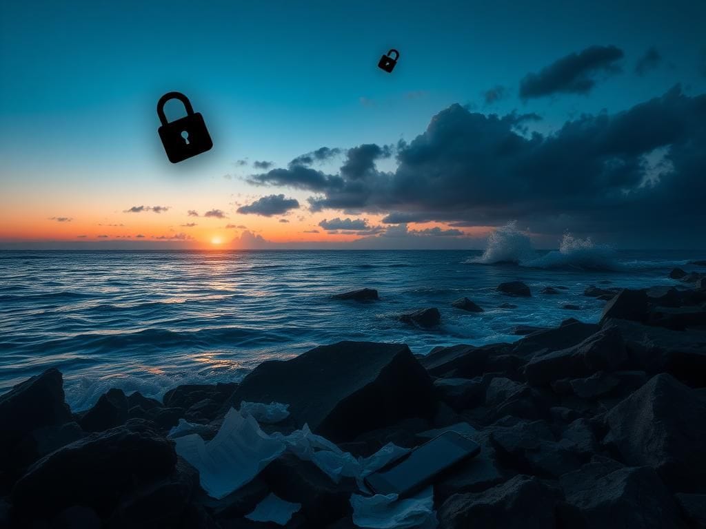 Flick International Surreal twilight coastline with jagged rocks and discarded technology