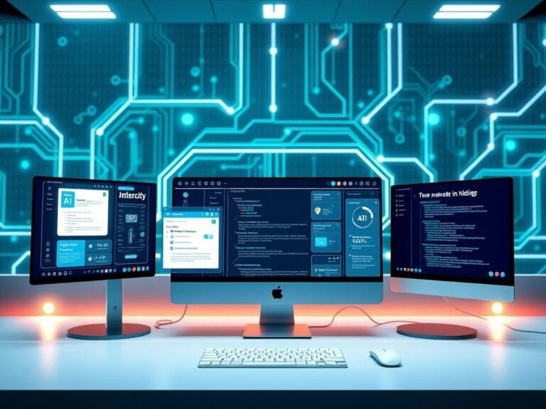 Flick International A futuristic digital workspace showcasing AI-driven tools and applications across multiple screens.