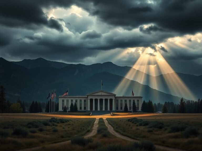 Flick International Dramatic landscape of the National Governors Association meeting in Colorado Springs, showcasing the NGA building surrounded by mountains under an overcast sky.