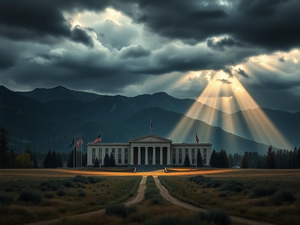 Flick International Dramatic landscape of the National Governors Association meeting in Colorado Springs, showcasing the NGA building surrounded by mountains under an overcast sky.