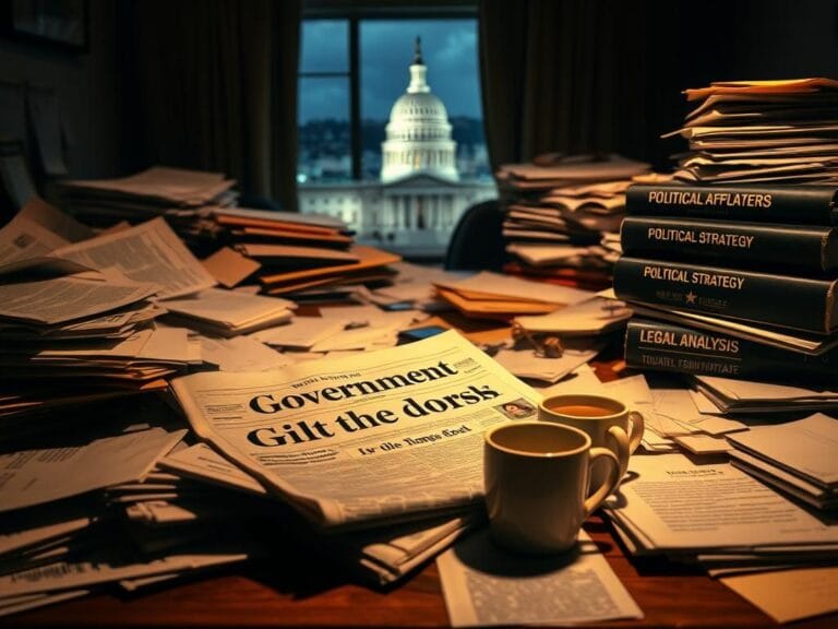 Flick International A cluttered desk covered with papers and legal documents, symbolizing political chaos