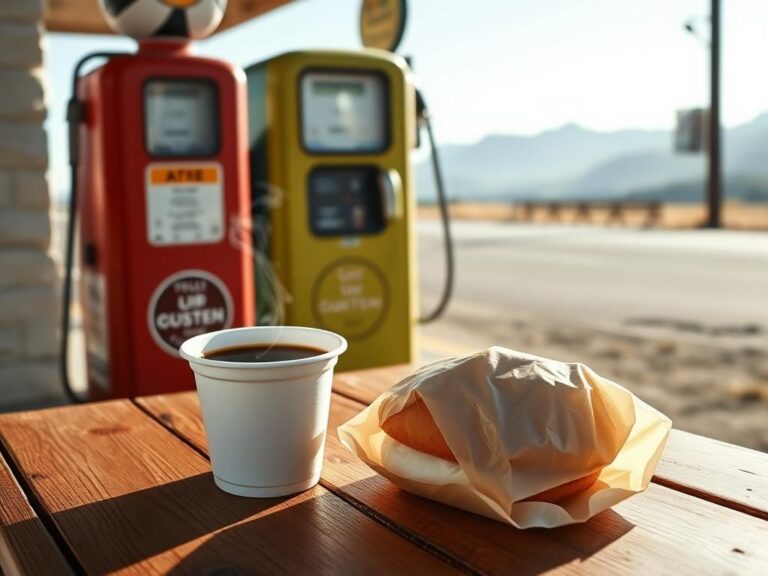 Flick International Styrofoam cup of black coffee and ice-cream sandwich on a rustic table at a gas station