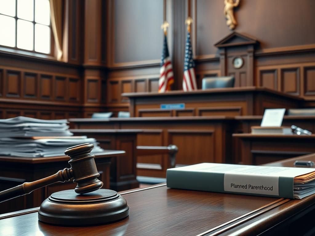 Flick International A courtroom scene with a gavel and Planned Parenthood documents emphasizing justice