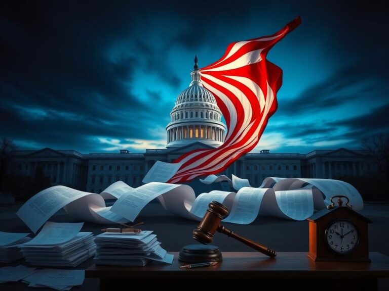 Flick International A dramatic abstract representation of the U.S. Capitol building with an American flag billowing in the wind at dusk.