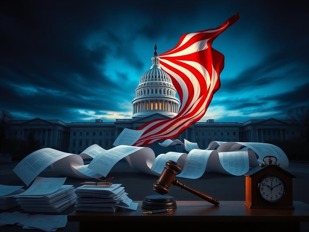 Flick International A dramatic abstract representation of the U.S. Capitol building with an American flag billowing in the wind at dusk.
