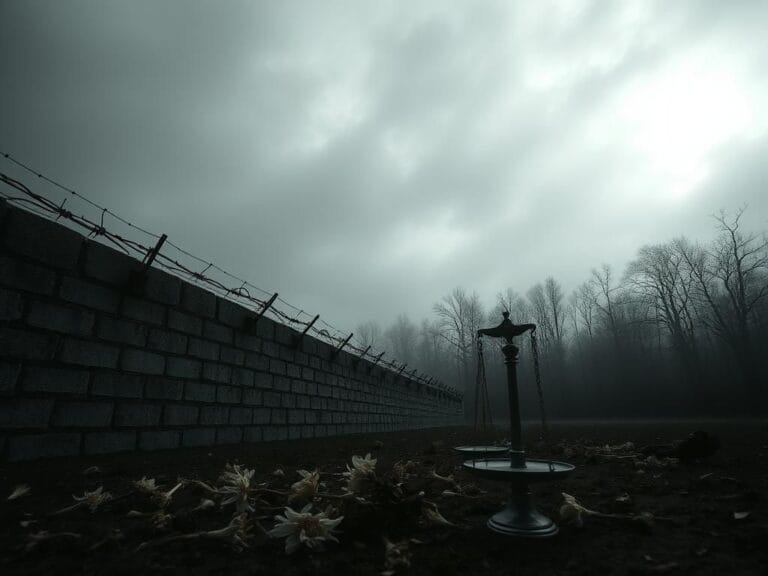 Flick International Dark prison landscape with a stone wall, barbed wire, and wilted flowers