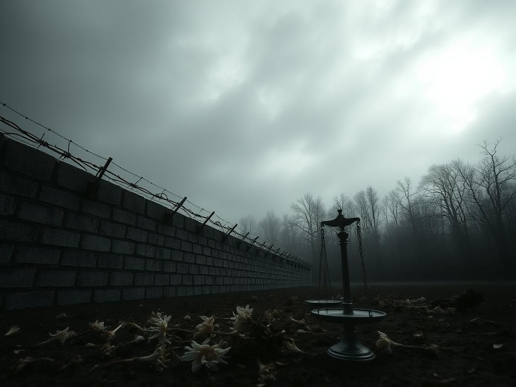 Flick International Dark prison landscape with a stone wall, barbed wire, and wilted flowers