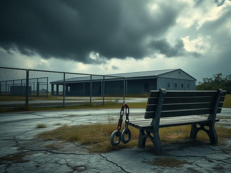 Flick International Somber detention center in the Florida Everglades with cages and cracked ground