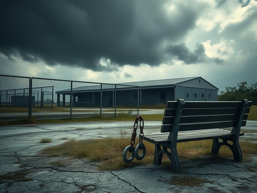 Flick International Somber detention center in the Florida Everglades with cages and cracked ground