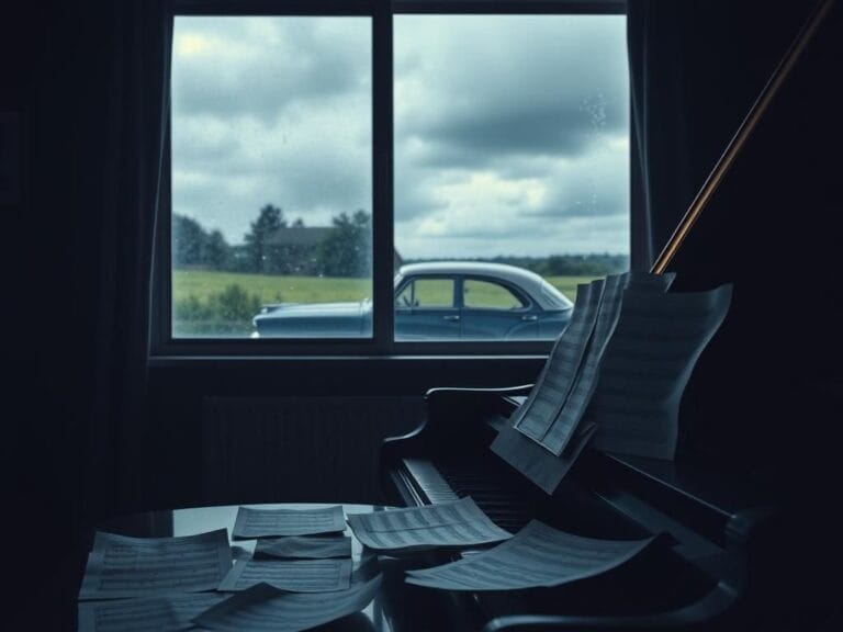 Flick International Dimly lit room with a grand piano and scattered sheet music, reflecting artistic creativity and personal struggles.