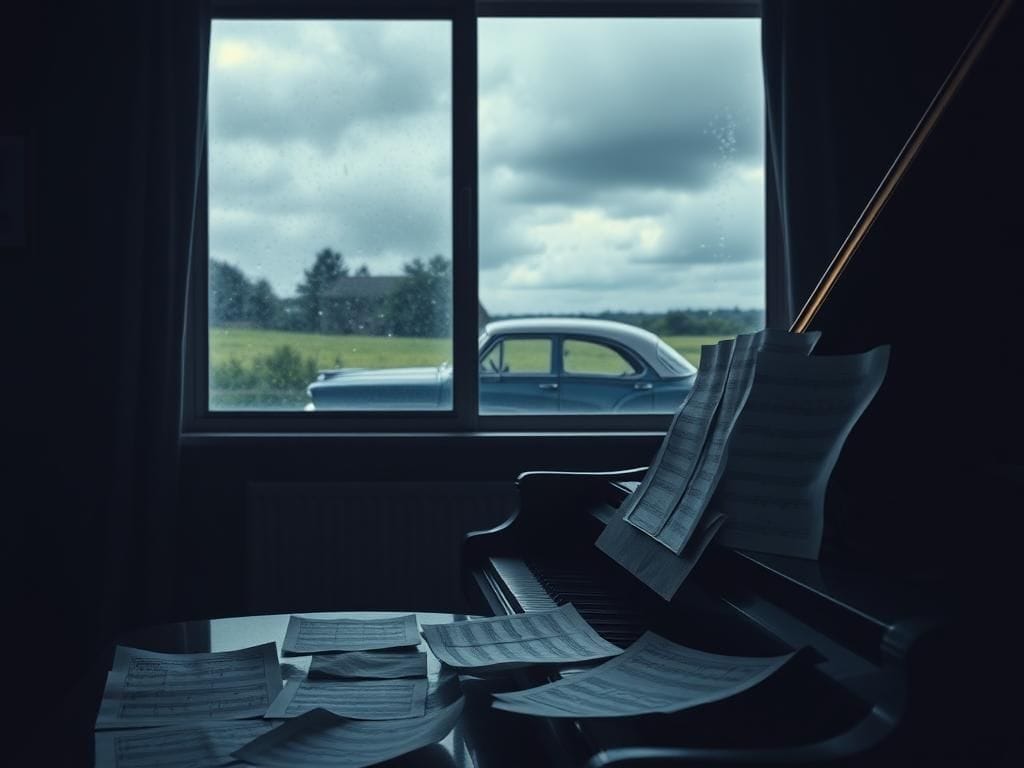 Flick International Dimly lit room with a grand piano and scattered sheet music, reflecting artistic creativity and personal struggles.