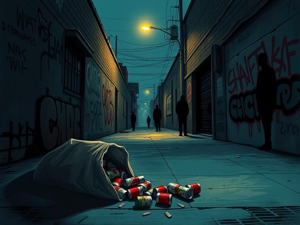 Flick International A deserted alleyway with graffiti and a flickering streetlight illuminating stolen goods in a grocery bag.